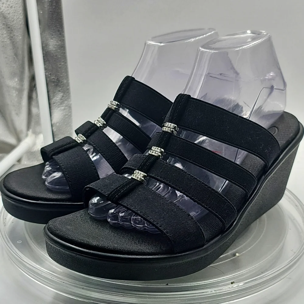 I Skechers Women's Black Luxe Foam Sandals Bling RHINESTONE Sz 9